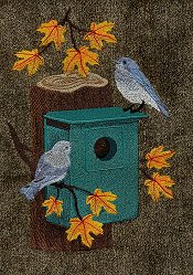 Bluebirds with birdhouse